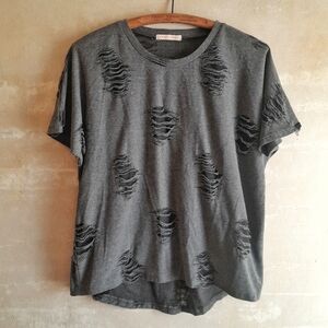 302a. gray & black distressed short sleeve tee with holes, M
